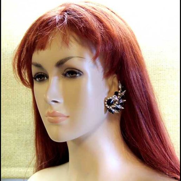 D&E Juliana Earrings Black n Clear Crystal Feathers 1950s Jewelry 13591 - Picture 3 of 7